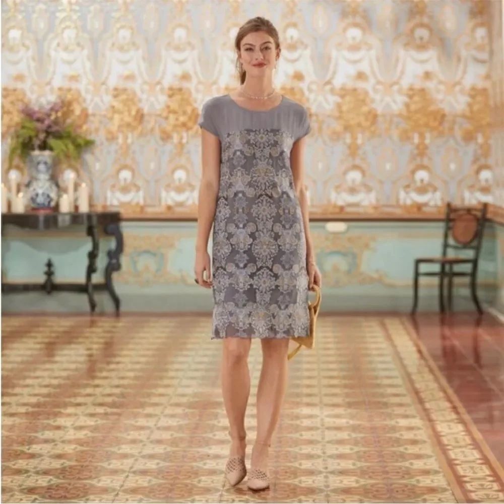 Sundance Catalog Stardust Gray Gold Embroidered Intricate Design Dress Feminine…